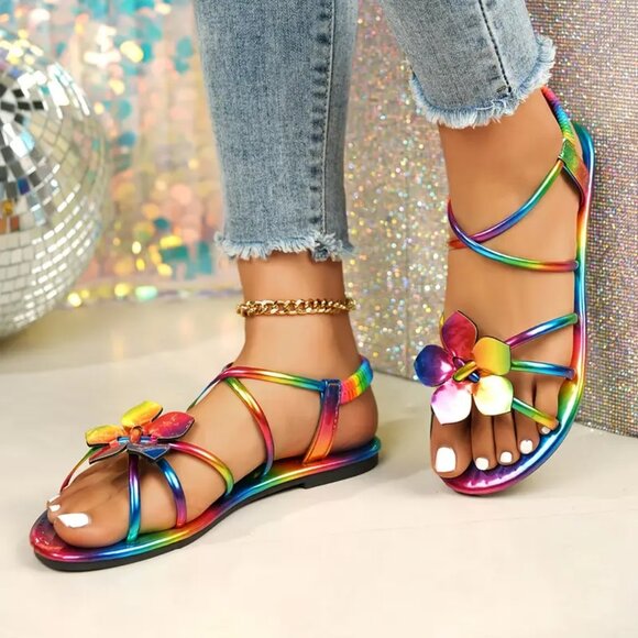Rainbow Floral Flat Sandals โ Retro Open-Toe Roman Style, Comfy & Colorful - Picture 2 of 7